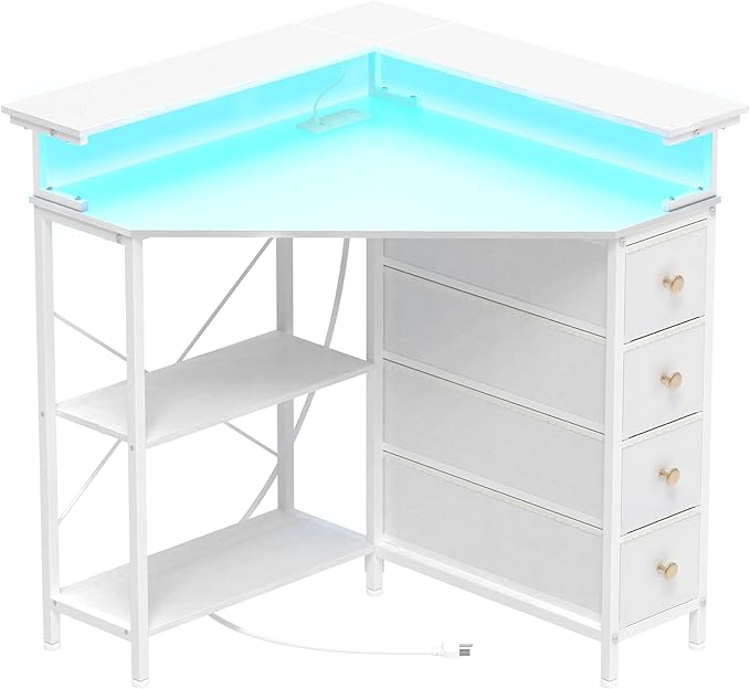 Corner Desk with Drawers Shelves for Small Space 90 Degrees Triangle Computer Desk with Power Outlets,Gaming Desk with LED Lights Monitor Stand for Home Office Workstation Writing Table (White)
