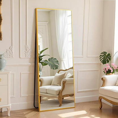 DUMOS Full Length Mirror with Stand 64"x21" Floor Standing Aluminum Frame for Bedroom Body Hanging Leaning Modern Simple Home Decor Shatter-proorf Nano Glass Wall Living Room Cloakroom Gold