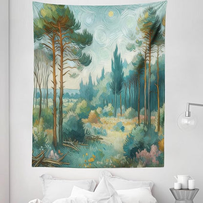 Ambesonne Forest Tapestry Twin Size, Trees Bushes Sky with Dramatic Brush Stroke Effects Post-Impressionism, Wall Hanging Bedspread Bed Cover Wall Decor, 68" X 88", Cadet Blue Green Amber