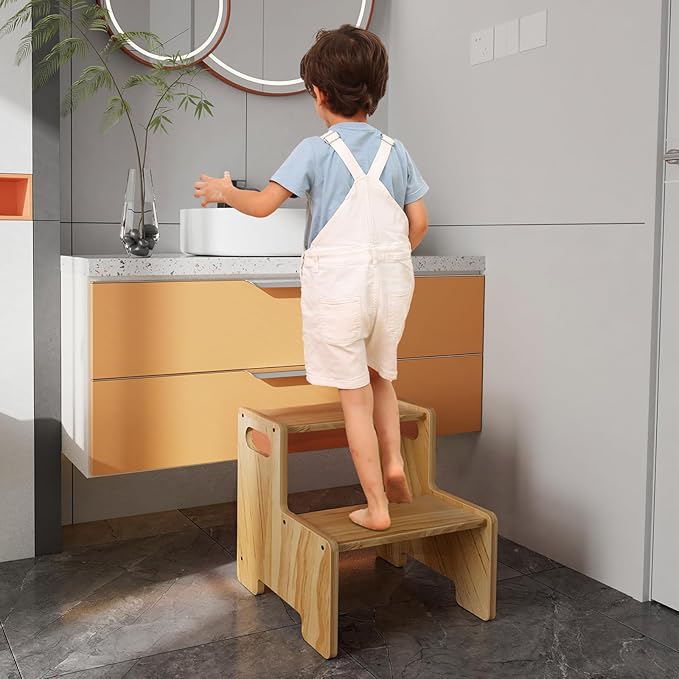 Wooden Step Stool,Two Step Stool for Kids,Toddler Montessori Stool Supports 300 lbs Kids Toddler Stepping Stool for Bathroom Sink/Toilet/Kitchen/Bed,Natural