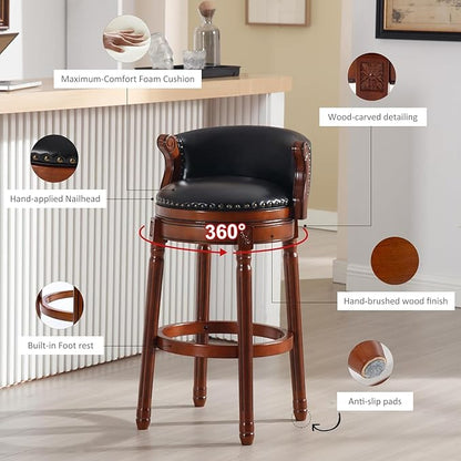 Cow top Leather Wooden Bar Stools, 29.5" Bar Height Bar Chair with Back, 180 Degrees Swivel Barstools Chair for Home Kitchen Counter,Dining Room (Black-2pcs, Bar Height-Seat Height 29.5”)