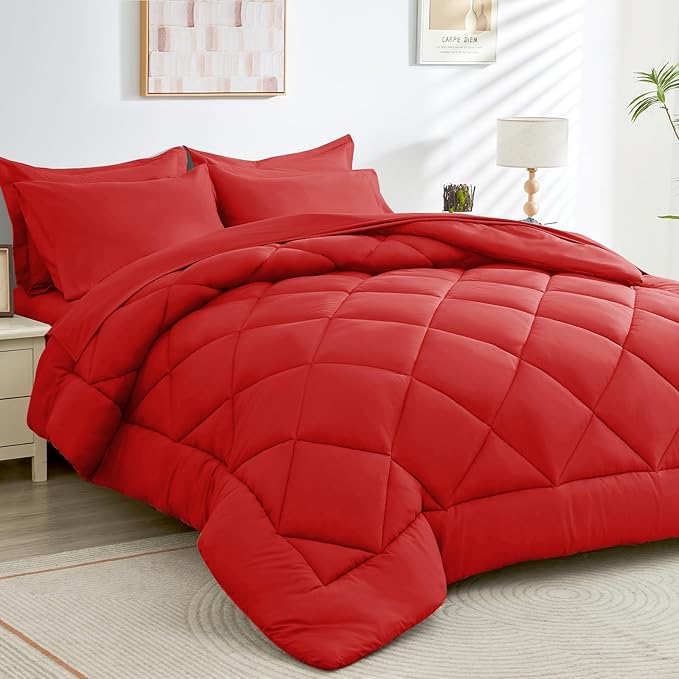 HEVUMYI Red Queen Comforter Set - 7-Piece All Season Bed in a Bag Queen, Ultra Soft Bedding Set with Comforter, Flat Sheet, Fitted Sheet, Pillowcases, Pillow Shams