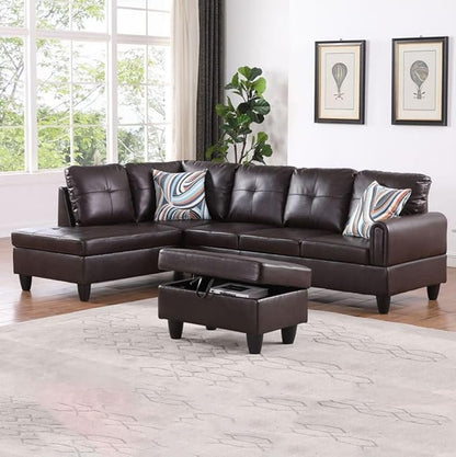 Brown L-Shaped 3-Piece Faux Leather Sofa with Storage Ottoman Set, Sectional Couch Sofa Set for Living Room, Office, Small Space