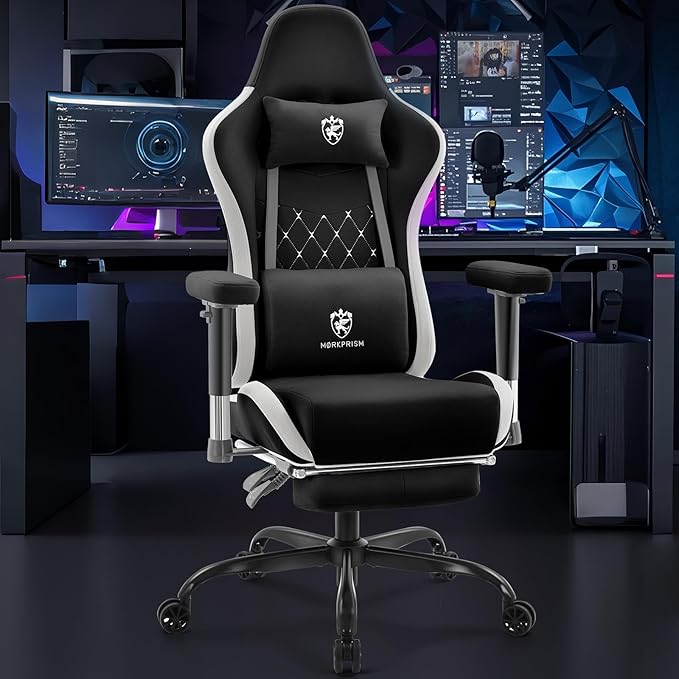 Gaming Chair Breathable Fabric,Computer Office Chair with Footrest,Massage Lumbar Support and Gel Pad,Ergonomic Reclining Gamer Chair with Adjustable Armrests and Spring Cushion Black Grey