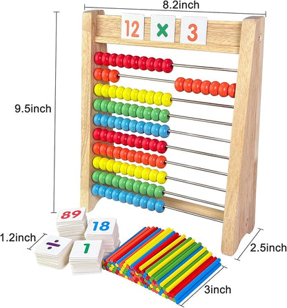Wooden Abacus for Kids Math - 10 Row Bead Counting Frame with Counting Sticks & Number Alphabet Cards, Learn Counting, Educational Gift for Toddlers, Preschoolers - Ideal for Home, School & Daycare