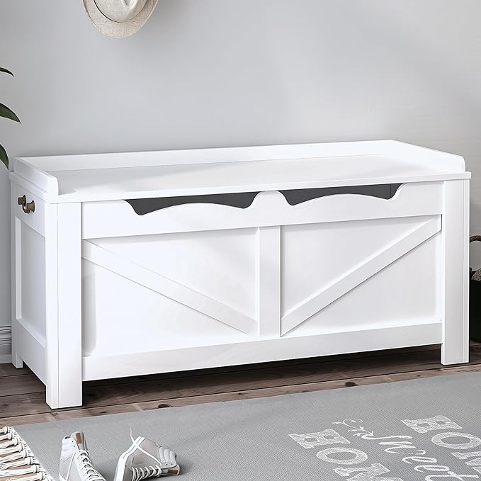 39.4" Storage Chest, Extra Large Storage Trunk with 2 Safety Hinges, Wooden Box Bench, Lift-Top Organizer Chest, Shoe Bench for Entryway, Bedroom, Living Room, White SB04503X