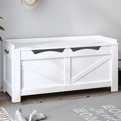 39.4" Storage Chest, Extra Large Storage Trunk with 2 Safety Hinges, Wooden Box Bench, Lift-Top Organizer Chest, Shoe Bench for Entryway, Bedroom, Living Room, White SB04503X
