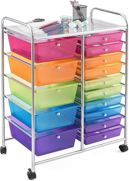 COSTWAY 15 Drawer Rolling Storage Cart, Mobile Utility Cart with Lockable Wheels, Drawers, Multipurpose Organizer Cart for Home, Office, School, Rainbow
