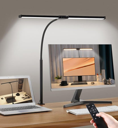 Led Desk Lamp for Home Office, Eye-Care Architect Light with Clamp, Smart Double Head Computer Monitor Table Clip Lamp, Adjustable Flexible Goose-Neck, 25 Lighting Models, Task Lamp, Black
