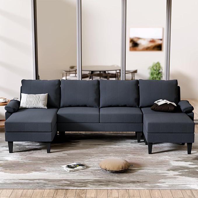 U Shaped Sectional Couch, Convertible Modular Sectional Sofa with Chaise & Ottomans, Modern 6 Seat U Shaped Couches for Living Room Apartment, Blue