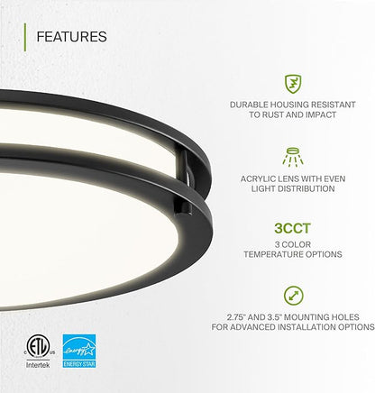 ASD LED 14" Round Flush Mount Lighting, Close to Ceiling Light Fixture | 3CCT, Dimmable, Energy Star, ETL Listed | 21W 1675LM 3000-5000K 120V | Low Profile Double Ring Lamp | Black