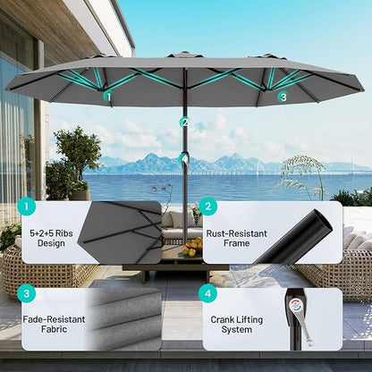 AreShark 15ft Patio Umbrella with Base, Double Sided Outdoor Umbrella with 12 Fiberglass Ribs, Large Outdoor Umbrella for Garden, Pool, Deck, Backyard & Market, Grey
