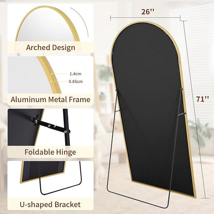 71"x26" Arched Mirror Full Length, Standing Floor Mirror, Wall Mounted Mirror with Aluminum Frame - for Standing, Leaning or Hanging, for Living Room Dressing Room, Gold