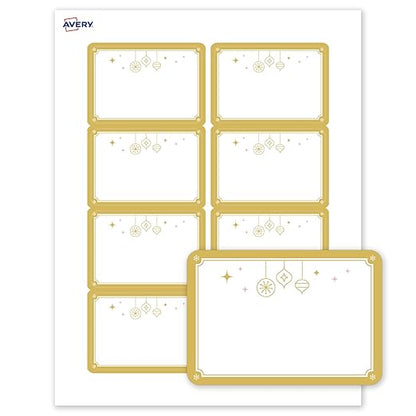 Avery Printable Christmas Adhesive Name Badges, Rectangle, 2-1/3" x 3-3/8", Pre-Printed Metallic Gold Hanging Ornaments Design, Matte White, Laser & Inkjet Compatible, 80 Total