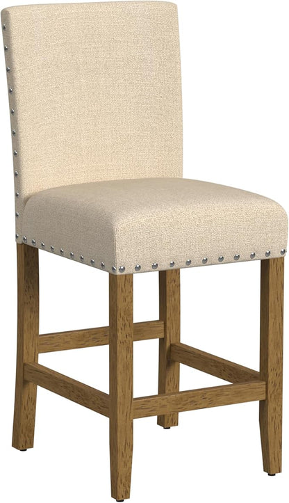 HomePop Home Decor | Nailhead Trim Counter Height Bar Stools | 24 Inch Bar Stools | Decorative Home Furniture (Flax Tan)