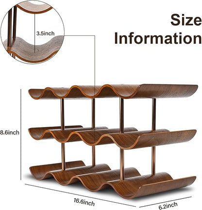 Countertop Wine Rack - 12 Bottle Freestanding Wine Bottle Holder Stand - 3 Tier Wooden Wine Storage Rack - Walnut Wavy Wine Organizer for Cabinet Pantry Home Kitchen Bar