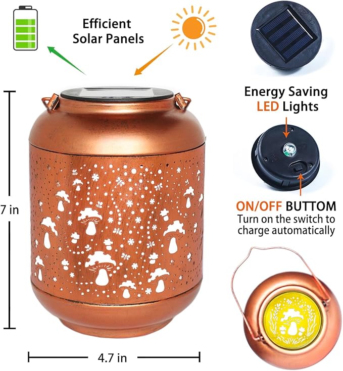 Mushroom Solar Lanterns Outdoor Waterproof Hanging Solar Lights Mushroom Gifts for Women Men Mom Metal Decorative LED Outdoor Lanterns for Patio,Lawn, Landscape, Garden Decor, Yard Decoration
