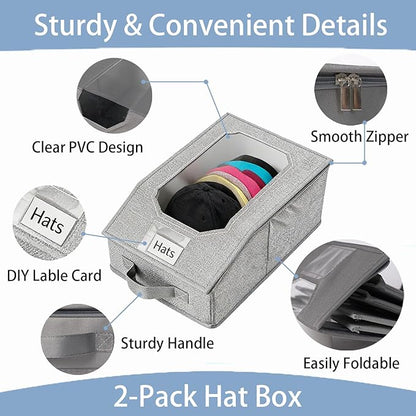 2 Pcs Stackable Baseball Cap Organizer, Washable Odorless Oxford Cloth with Smooth Durable Metal Zipper, Clear Window Holds 24 Caps, Hat Box for Closet/Home (Grey, Small 12.1 x 8.7 x 6.7 inches)