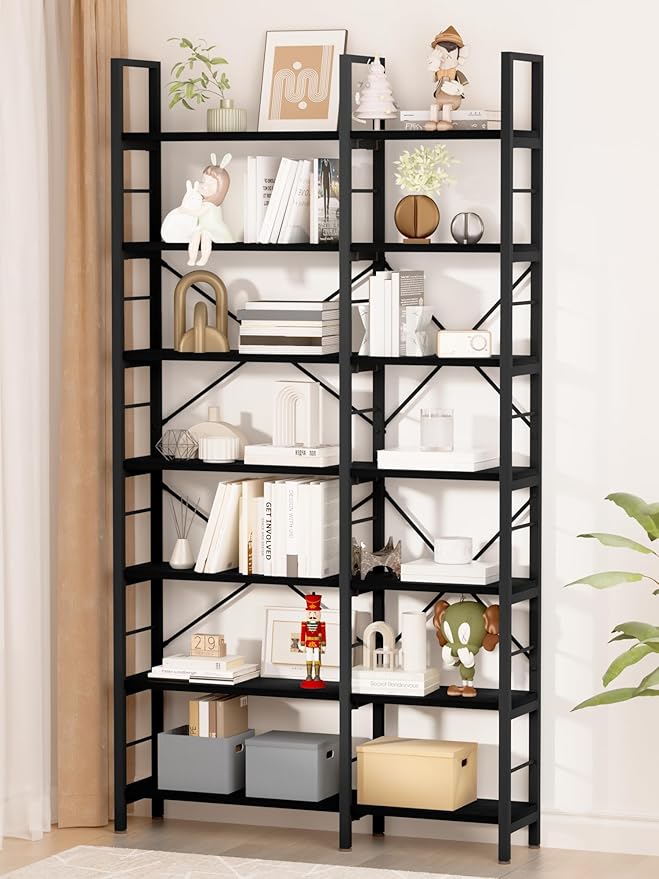 7-Tier Corner Bookshelf, Reversible Wooden Shelves, Industrial Bookcase with Open Shelves and Sturdy Metal Frame, Display Shelf Storage Rack for Living Room, Bedroom, Home Office (Black)