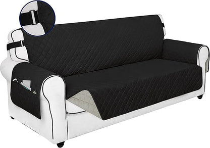 PureFit Reversible Sofa Couch Cover Water Resistant Couch Covers for 3 Cushion, Washable Furniture Cover with Non-Slip Foam and Adjustable Strap for Dogs, Pets (Sofa, Black/Beige)