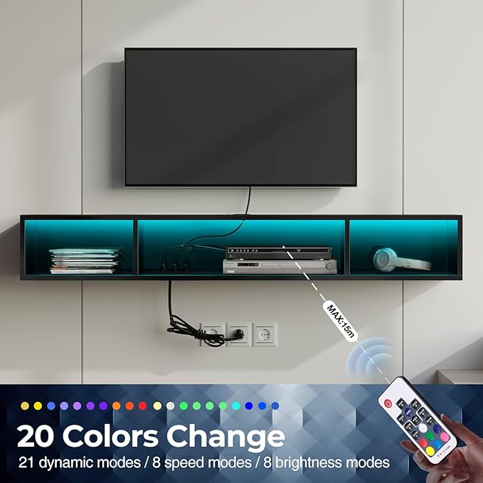 Rolanstar TV Stand with Power Outlet, Floating TV Stand with RGB Lights, 55.1" Wall Mounted TV Shelf, Glossy Black Media Console with Storage Shelf, Entertainment Under TV for Living Room, Bedroom