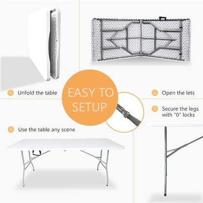 Folding Table 6 FT Lightweight Portable Plastic Fold-in-Half Utility Foldable Table suitable to hold large, Plastic Dining Indoor Outdoor for Camping, Picnic and Party, White(27.5"D ×70.8"W ×29.1"H)