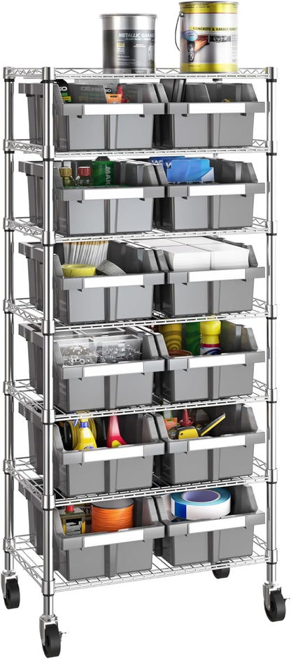 Seville Classics Heavy Duty NSF Bin Rack Solid Steel Wire Shelving Storage Unit, Patented Organizer for Garage, Warehouse, Office, Restaurant, Classroom, Kitchen, Gray, Includes 12 Bins