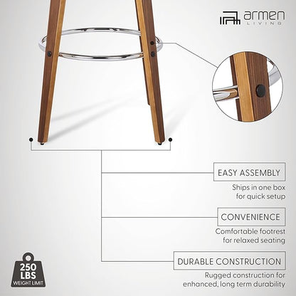 Armen Living Shelly 26" Counter Height Swivel Brown Faux Leather and Walnut Wood Bar Stool - Set of 2