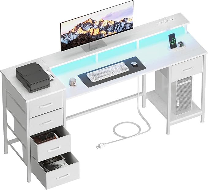 55 Inch Computer Gaming Desk with Power Outlets LED Lights, Reversible Home Office with Adjustable Fabric Storage Drawers for Working Writing Study, White