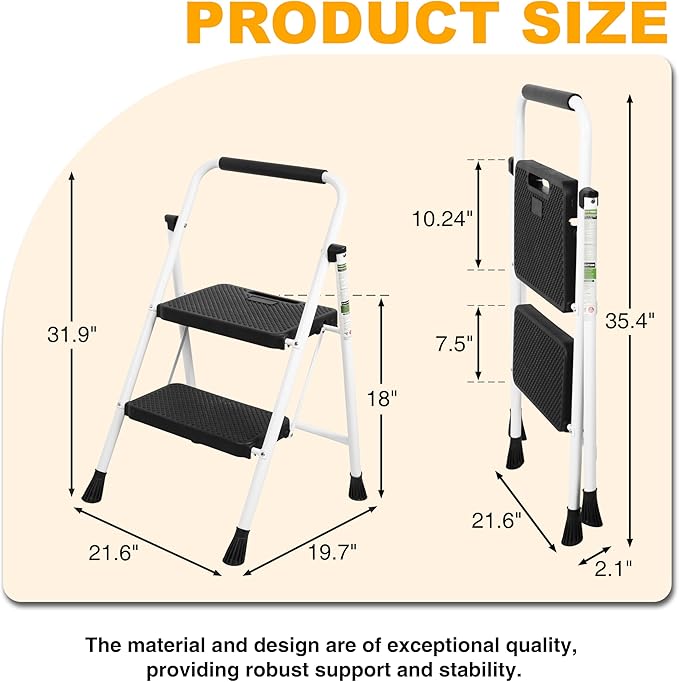 2 Step Ladder, Portable Steel Folding Step Stool with Wide Anti-Slip Pedal & Convenient Handgrip, 500lbs Sturdy Steel Ladder, White