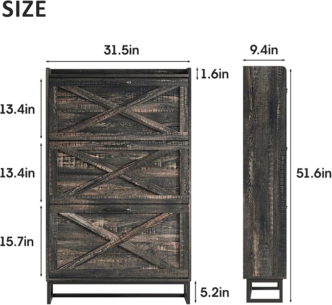 Maupvit Shoe Storage Cabinet with 3 Flip Drawers, Freestanding Organizer with Metal Legs for Entryway, Narrow Shoe Rack Cabinet, Dark Rustic Oak