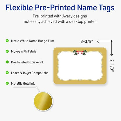 Avery Printable Christmas Adhesive Name Badges, Rectangle, 2-1/3" x 3-3/8", Pre-Printed Metallic Gold Border with Holly Design, Matte White, Laser & Inkjet Compatible, 80 Total