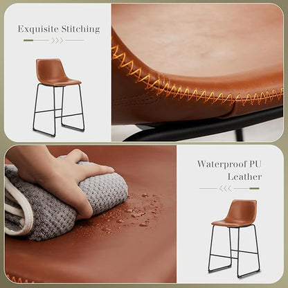 DUMOS 26 Inch Counter Height Bar Stools Set of 2, Modern Faux Leather High Barstools with Back and Metal Leg, Bar Chairs for Kitchen lsland, Brown