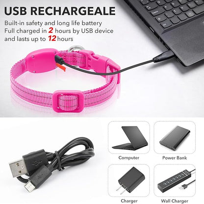 Illumifun LED Cat Collar, USB Rechargeable Light Up Dog Collar, Adjustable Safety Collar Light for Small Dogs Cats Glow in The Dark (Pink, X-Small)