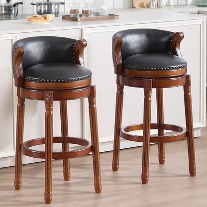 Cow top Leather Wooden Bar Stools, 29.5" Bar Height Bar Chair with Back, 180 Degrees Swivel Barstools Chair for Home Kitchen Counter,Dining Room (Black-2pcs, Bar Height-Seat Height 29.5”)