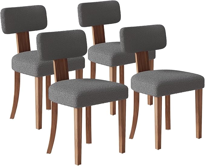 Farmhouse Chair Set of 4, Mid Century Modern Dining Chairs, Sherpa Upholstered Kitchen Chairs with Curved Backrest & Adjustable Legs for Living Room/Bedroom, Easy to Install, Grey Sherpa