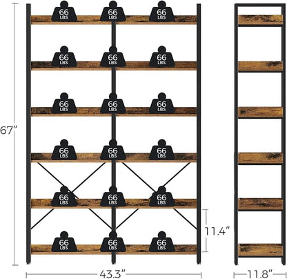 Seventable Bookshelf 6 Tier with 4 Hooks, 67” Industrial Wooden Bookcase, Vintage Storage Rack with Open Shelves, Rustic Standing Bookshelves Metal Frame 43.3” Wide Display Rack, Rustic Brown
