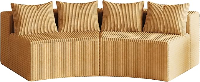 KEIKI Corduroy Curved Sectional Sofa, 2 Seater Symmetrical Modular Semi Circular Couch, Deep Seat Tufted Corner Sofa for Living Room, Lobby, Yellow