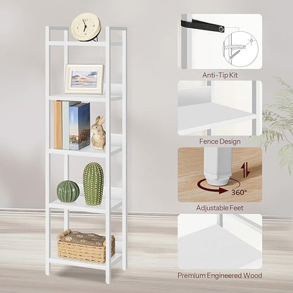 Bookshelf, 5-Tier Bookcase, Standing Book Shelf for Small Space, Storage Shelf Organizer, for Living Room, Bedroom, Study, Balcony, White BKBW5501