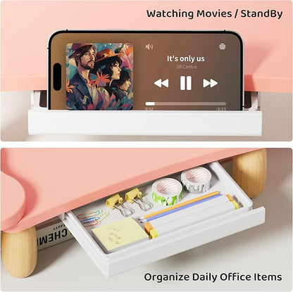 Dual Monitor Riser, Cookie-Shaped Adjustable Length & Swivel Angle, Wooden Desktop Organizer for 2 Monitors,Monitor Stand with Drawer for Laptop, PC, Computer, Printer,Pink