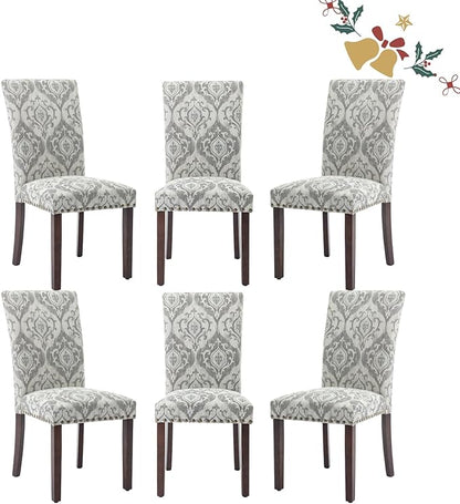 Parsons Dining Chairs Set of 6, Upholstered Nailhead Dining Room Kitchen Side Chair with Thick Cushions and Wood Legs, White/Grey