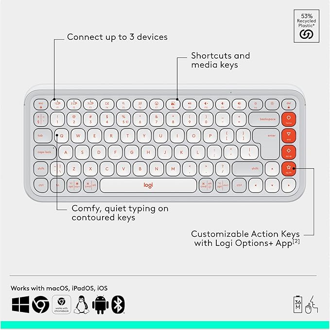 Logitech POP ICON Combo, Bluetooth Keyboard and Mouse Combo, Comfortable Typing, programmable Keys and Buttons, Quiet clicks, Easy-Switch up to 3 Devices - Off-White