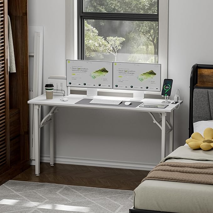 TEMI Long Computer Desk Folding Table - No Assembly, Compact 55.1" Foldable Desk with Power Outlets & USB Charging Port, Portable Lagre Office Desk, Ideal Large Study Table for Narrow Spaces