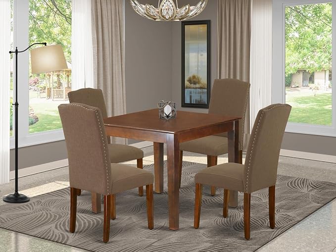 East West Furniture OXEN5-MAH-18 5 Piece Dinette Set for 4 Includes a Square Dining Room Table and 4 Dark Coffee Linen Fabric Parson Dining Chairs, 36x36 Inch, Mahogany
