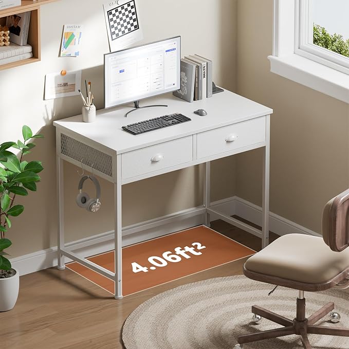 Furologee White Small Computer Desk with 2 Fabric Drawers for Bedroom,34 Inch Simple Home Office Writing Desk, Vanity Desk with Hooks, Study Table for Adults Student Small Spaces