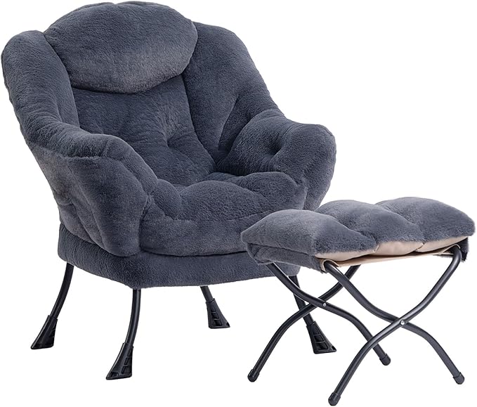 HollyHOME Fabric Lazy Chair with Foldable Ottoman, Accent Comfy Lounge Arm Chair and Folding Footrest Stool Set, Leisure Sofa Reading Chair and Footstool for Living Room, Bedroom, Dorm, Navy Blue
