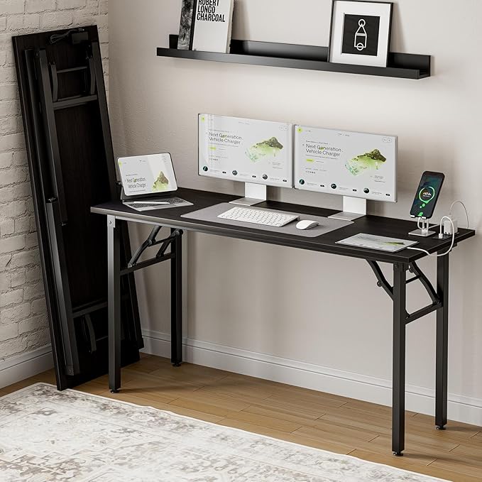 Frylr Small Folding Computer Desk – 55.1 Inch Portable Table for Craft and Study, Lightweight Desk for Small Spaces, Foldable Laptop Table Built-in AC/USB Outlets for Convenience, Charcoal Wenge