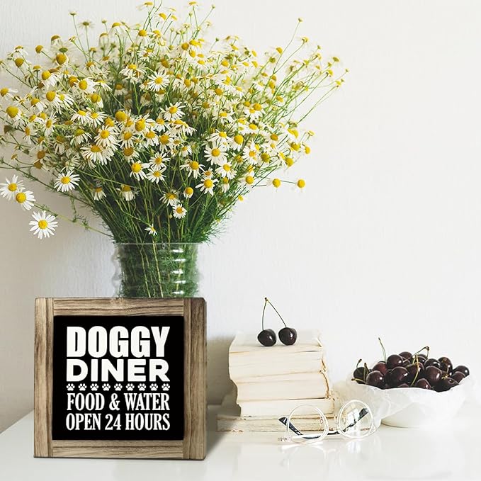 Dog Decor, Dog Paws Decor, Rustic Wooden Tabletop Decor Sign, Dog Puppy Wood Decor, Pet Decoration, Dog Home Decor, Dog Food Area Decor, Doggy Diner - Food & Water - Open 24 Hours Sign