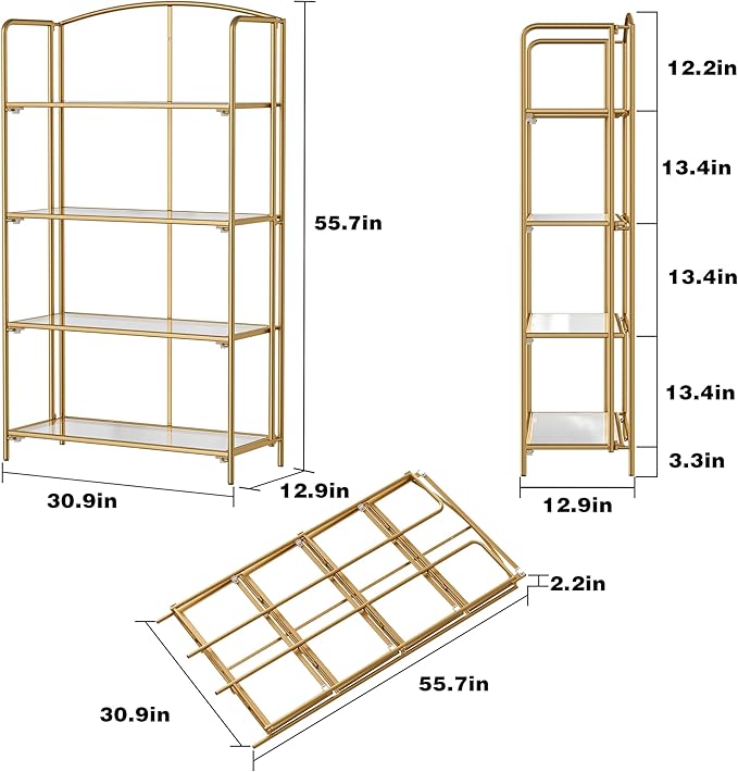 Crofy No Assembly Folding Bookshelf for Living Room, 4 Tier Gold Collapsible Book Shelf for Home Office, Portable Bookcase Storage Organizer