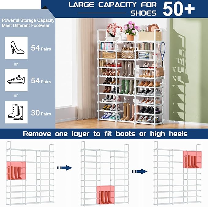 Mavivegue 10 Tiers Shoe Rack, Large Storage Space, 55-60 Pairs, White, Polypropylene